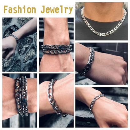 3PCS Figaro Necklace Bracelet Cuban Bracelet, Silver Gold Black Sturdy 316L Stainless Steel Cuban Link Figaro Chain for Men Jewelry Set with Gift Message Card 8mm, 7/8/9 Inches - color: Silver, size: Bracelet width:9 inches