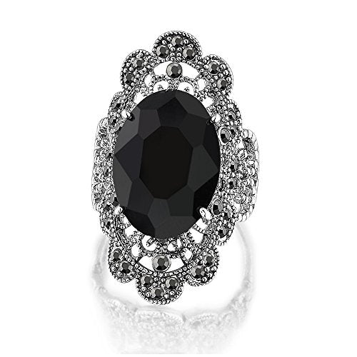 Mytys Retro Vintage Cocktail Statement Ring Black Marcasite & Crystal Rings for Women Antique Silver Big Black Onyx Stone Ring - color: Silver 1
