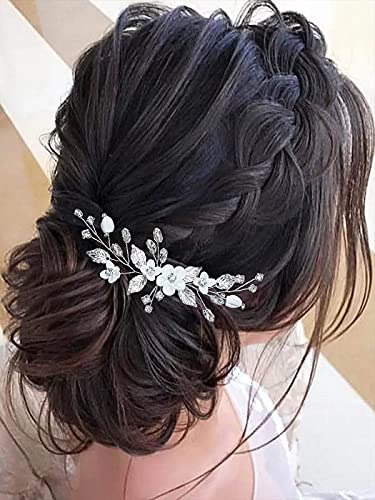Bride Silver Wedding Hair Comb Flower Bridal Side Comb Sparkly Crystal Hair Piece Leaf Hair Accessorie for Women