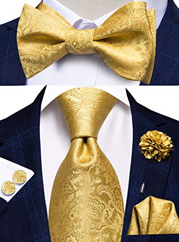 Hi-Tie 5Pcs Mens Solid Color Silk Tie Satin Pretied Bowtie Lapel Pin for Men Handkerchief Cufflink Wedding Gift Box - color: A Gold Paisely