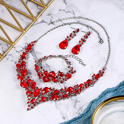Wedding Bridal Jewelry Set for Women Bride Bridesmaids | Gorgeous Austrian Crystal Teardrop Cluster Statement Necklace Dangle Earrings Link Bracelet Set Prom Jewellery - color: 03-Ruby Color Silver-Tone
