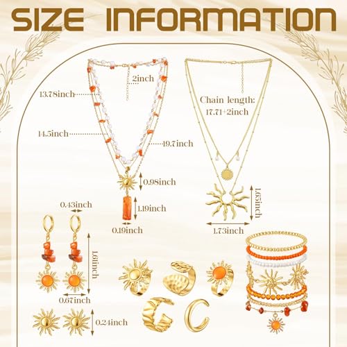 Tondiamo 16 Pcs Gold Sun Jewelry Set for Women Sunburst Earrings Rings Boho Hippie Layer Charm Necklace Summer Beach Bracelets Anklet for Holiday Vacation Accessories