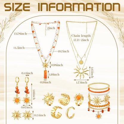Tondiamo 16 Pcs Gold Sun Jewelry Set for Women Sunburst Earrings Rings Boho Hippie Layer Charm Necklace Summer Beach Bracelets Anklet for Holiday Vacation Accessories