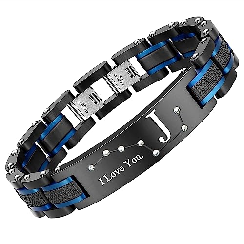 Men's Bracelet, Black and Blue Ion Stainless Steel, Initial Curved Plate, Gift for Boyfriend, Husband, Father, Comes with Gift Box - color: blue-blackJ