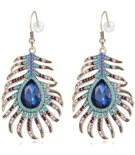 Frogwill Womens Crystal Hook Earrings Sparkling Rhinestone Peacock Feather Dangle Earrings - color: Blue