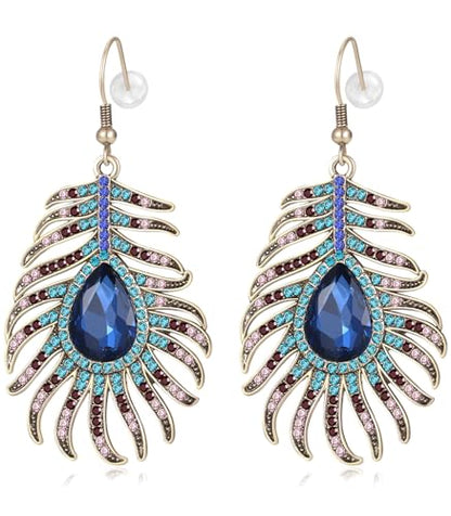 Frogwill Womens Crystal Hook Earrings Sparkling Rhinestone Peacock Feather Dangle Earrings - color: Blue