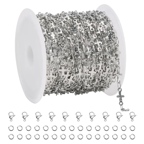 SMYHTGLIF 4 Meters Stainless Steel Cross Jewelry Making Chains Bulk | Silver Chain for Jewelry Making DIY Craft Chain Roll Jewelry Findings - color: Cross Silver