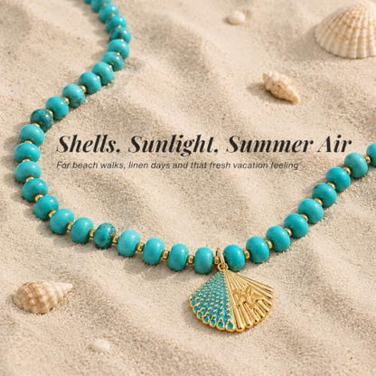 SAMYA Gemstone Beaded Necklace for Women, Natural Stone Ocean Jewelry | Fish or Seashell Pendant Beach Necklace, Gold Spacer Accents, Reinforced Stainless Steel Clasp, Adjustable 16"+2" - color: Turquoise