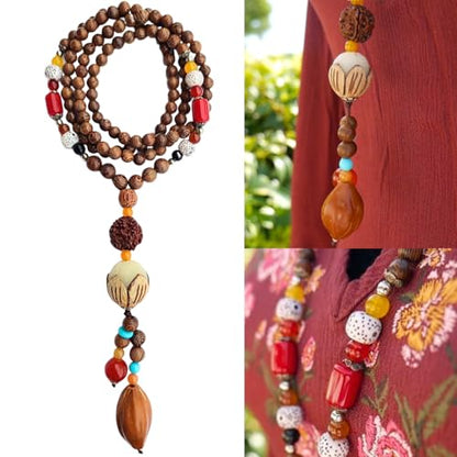 Bohemian Beaded Necklace for Women Long Boho Pendant Wood Mala Beads Wooden Strand Tassel Stone Bohemian Necklaces for Women Jewelry - style: Artistic Ethnic Set