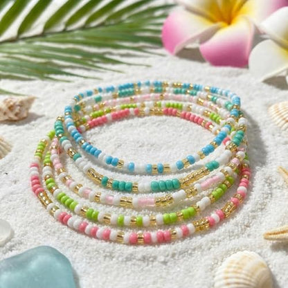 14K Gold Plated Beaded Bracelets Stack Set for Women,Stretch Boho Ball Jewelry Friendship Trendy - color: Blue