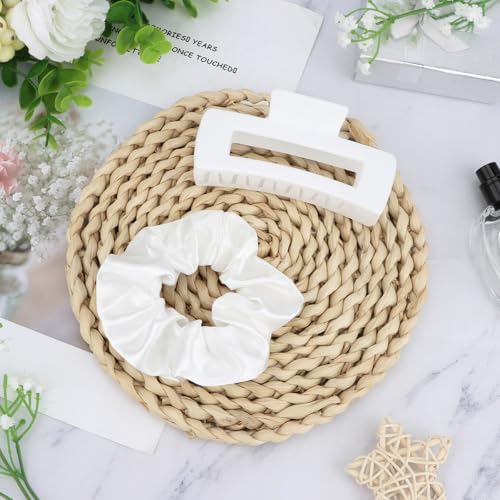YISSION Claw Clip and Satin Scrunchie Set, 2 Pack White Hair Accessories, No Damage Hair Ties Non Slip Large Hair Clips for Women Girls Thick Thin Hair Daily Wear Party Wedding - color: White