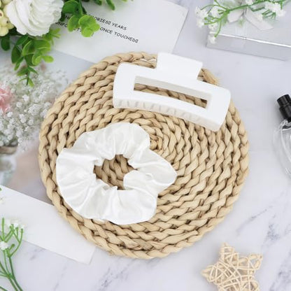 YISSION Claw Clip and Satin Scrunchie Set, 2 Pack White Hair Accessories, No Damage Hair Ties Non Slip Large Hair Clips for Women Girls Thick Thin Hair Daily Wear Party Wedding - color: White