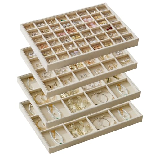 Large Jewelry Drawer Organizer Trays Set of 4, Stackable Velvet Jewelry Trays Organizer Holder Display Storage Showcase for Earring Necklace Bracelet Ring Accessary (Beige, 12+12+24+48 Grids) - color: Beige, size: 12+12+24+48 Grids