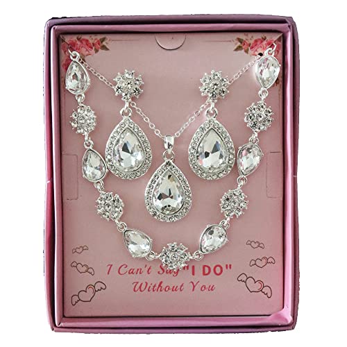 Bridesmaid Jewelry Set for Women,Pendant 18K Gold & Silver & Rose Gold Pendant Necklace Earrings Bracelet Set,Dainty Gift for Wedding/Proposal/Party/Anniversary - color: SILVER - 4 SETS