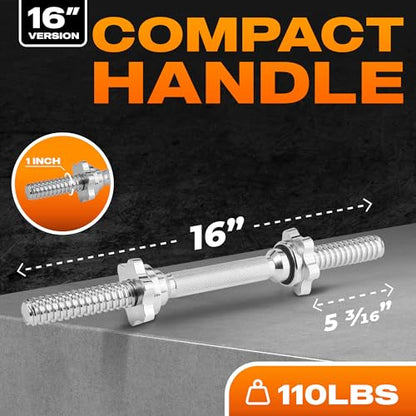 Yes4All Threaded Dumbbell Handles, Adjustable Dumbbell Bar Pair, 14/16/18/24-Inch Sizes, Fits 1" or 1.15" Plates, Non-Slip Grip, Secure Star-Lock Collars - color: 16"- Chrome - Silver