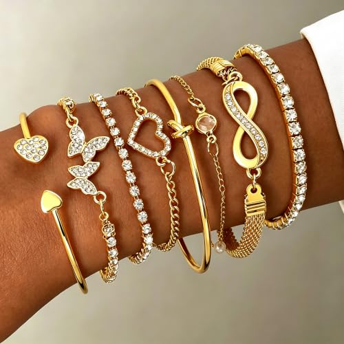 Golden Bangle Bracelets Set for Women, 14k Gold-Plated Multi Layer Stackable Cuff Bracelets, Personalized Boho Non Tarnish Adjustable Bangle Jewelry Gift for Her - color: 8PCS Gold Heart Bracelet