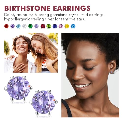 DAYBYDAY 925 Sterling Silver Birthstone Earrings for Women, Crystal Stud Earrings, 6.5mm Round Cut Solitaire Gemstone Earrings Birthday Jewelry - style: Round Cut-06. Jun/created alexandrite