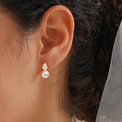 Plenky Pearl Earrings-14K Gold Plated Dainty Pearl Drop Simple Wedding CZ Dangle Dangling Cute Stud Earrings for Brides Earrings for Women Gifts - style: CZ Teardrop Pearl Earrings