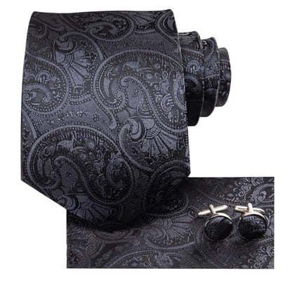 Hi-Tie Men 63inches Tie Set Extra Long Necktie Paisley Tie Pocket Suqare Cufflinks Big and Tall Men Tie - color: Black