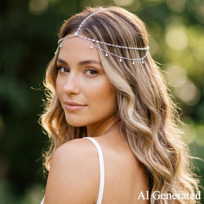 BARTOSI Rhinestone Head Chain Silver Wedding Headpiece Jewelry for Women | Boho Crystal Head Chain Silver Forehead Layered Headband Prom Bridal Hair Accessories - color: A-Silver