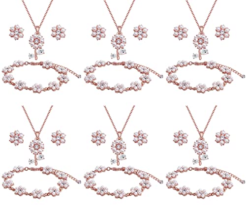 Bridesmaid Jewelry Set for Wedding, 18K Gold or Rose Gold or Silver Plated Flower Pendant with Simulate Pearl Necklace Earring Bracelet Set for Women Gift - color: ROSE GOLD - 6 SETS