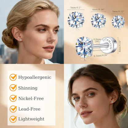 Limerencia Moissanite Stud Earrings, 3 Pairs Titanium Screw Back Earrings | D Color VVS1 Clarity Lab-created Moissanite Earrings, Hypoallergenic G23 Pure Titanium for Women Men Sensitive Ears - color: Silver S