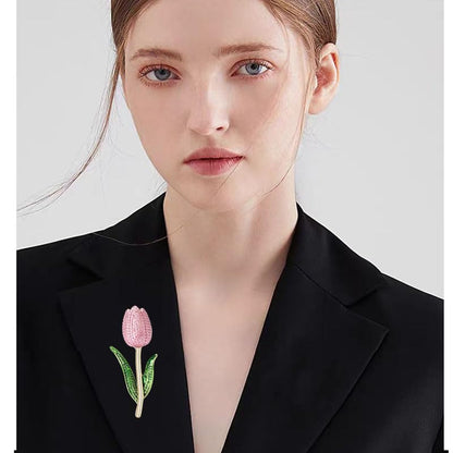 Rhinestone Tulip Brooch Pin for Women Fashion Elegant Botanical Flower Vintage Brooch Lapel Pin Delicate Pink Tulip brooch Wedding Banquet Gift - style: Light pink