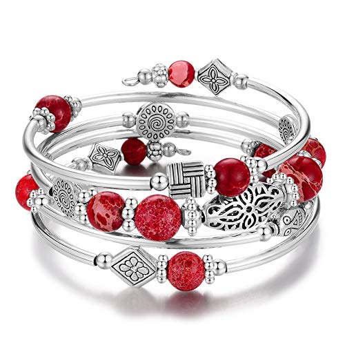 BULINLIN Layered Wrap Bangle Turquoise Bracelet - Bead Bracelet with Natural Agate Stone, Gifts For Women - color: 13-Imperial red