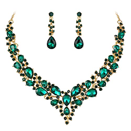 Women's Wedding Statement Necklace Dangle Earring Jewelry | Austrian Crystal Teardrop Cluster,Necklaces Earrings Set for Bride Bridesmaid,Prom Accessories - color: 22-Emerald Color Gold-Plated-Base