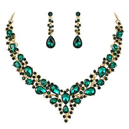 Women's Wedding Statement Necklace Dangle Earring Jewelry | Austrian Crystal Teardrop Cluster,Necklaces Earrings Set for Bride Bridesmaid,Prom Accessories - color: 22-Emerald Color Gold-Plated-Base