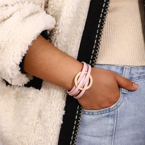 hotoo Circle Charm Bracelets for Women Handmade Leather Wrap Bracelets for Couples Friendship Bracelet Bohemian Cuff Bangle Boho Jewelry Gift - color: New Pink