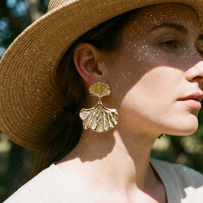 Chunky Gold Plated Flower Statement Drop Earrings for Women | Hypoallergenic 18K Gold Plated Textured Petal Wing, Large Statement Dangle Earrings for Wedding Party - color: Gold Medium Ginkgo Leaf-D