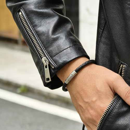 Men's Leather Bracelet, Stackable Stainless Steel Clasp Bracelets for Men Stylish Birthday, Thanksgiving, Valentine's Day Gift for My Man (8.2" Black Leather) | Men's Accessory, Leather Band, Stainless Steel, Wrist Bracelet