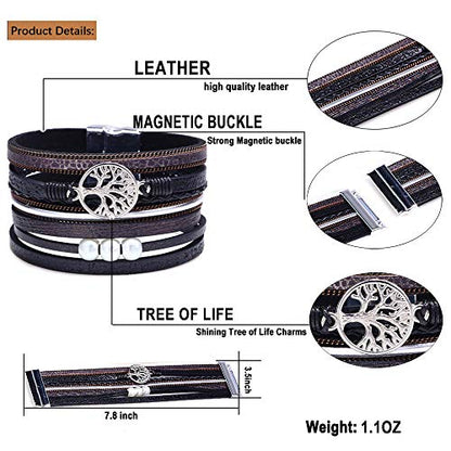 Desimtion Inspirational Tree of Life Boho Leather Wrap Bangle Bracelets for Women, Teen Girl Gifts Trendy Stuff, Fashion Accessories Jewelry Gifts for Women Girls - color: Black