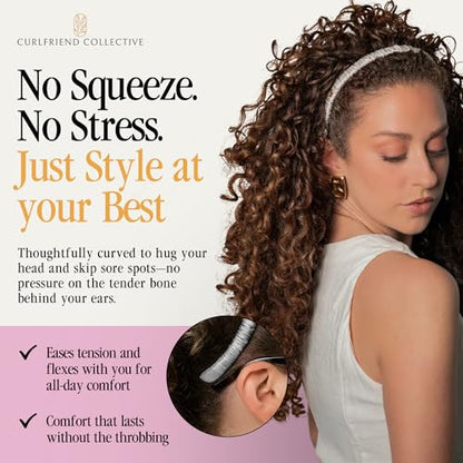 Curlfriend Collective Luna Silver Comfort Curve Silk Headband | Luxury 100% Mulberry Silk, No-Slip, Headache-Free Fit for Curly, Coily & Textured Hair for Women - color: Luna Silver