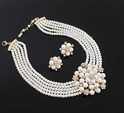 Fashion 21 5 Rows Rhinestone Accented Simulated Floral Pearl Cluster Necklace, Clip on Earring 2 Set - color: Cream