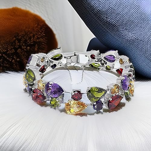 Hermosa Silver Bangle Bracelets For Women Classic Fashion Bracelet with Gemstone Garnet White Topaz Amethyst Citrine Peridot Pink Topza 7 Inches