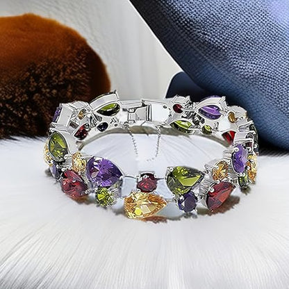 Hermosa Silver Bangle Bracelets For Women Classic Fashion Bracelet with Gemstone Garnet White Topaz Amethyst Citrine Peridot Pink Topza 7 Inches