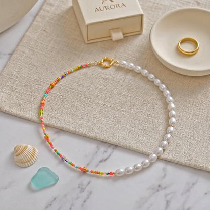 Wellike Colorful Beaded Necklaces For Women Pearl Choker Necklace 18k Gold Plated Dainty Handmade Summer Trendy Jewelry - color: KKWX746