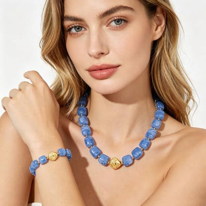 NEWITIN 2 Pieces Summer Beach Jewelry for Women Chunky Beaded Necklace Bracelet Trendy Big Resin Beaded Choker Boho Charm Statement Colorful Jewelry Set for Women - color: Blue