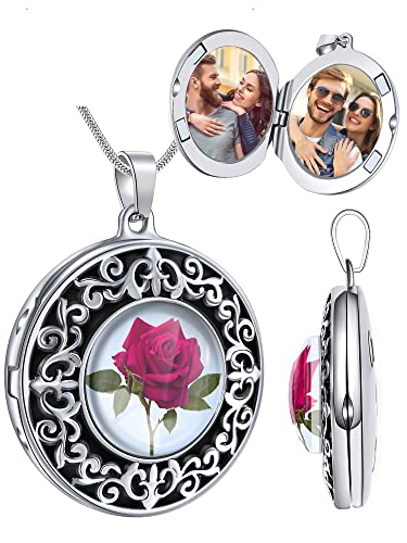 Farfume Personalized Photo Necklace for Women/Men, Memorial Jewelry Gifts | Holds 2 Pictures Pendant, Custom Engraved Text, Beautiful Locket for Girls, Durable Stainless Steel, Mothers Day Gifts - color: A-4 Rose locket necklace