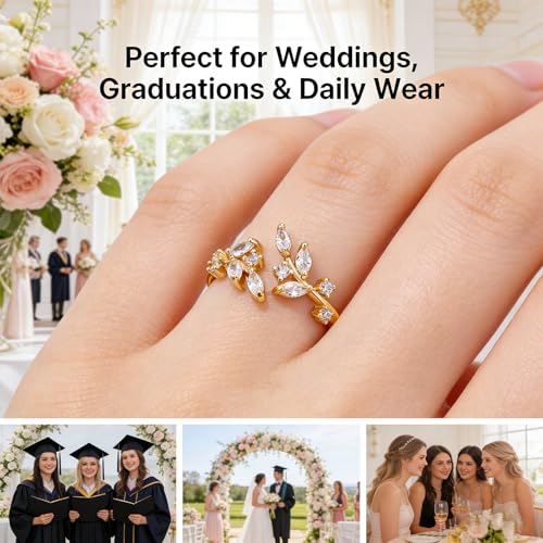 1 Pcs Gold Plated Crystal Leaf Rings,Adjustable Rings for Women,Leaf Ring,Adjustable Gold Tone Ring,Open Rings for Women,Best Friend Valentine's Day Gift for Girlfriend Wife(Gold)
