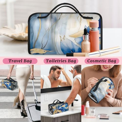 Blue Gold Leave Hanging Roll Up Cosmetic Bag with 4 Removable Storage Bags Waterproof Foldable Toiletry Kit for Women - color: Multicolor 1