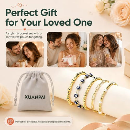 XUANPAI Evil Eye Bracelet for Women, 14K Gold Plated Beaded Bracelet Set | 5PCS Stackable Dainty Nazar Bracelet, Adjustable Turkish Eye Good Luck Protection Jewelry Gift for Mother’s Day Birthday - color: Blue
