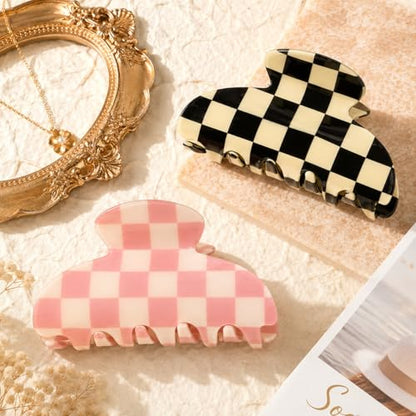 Aileam Acetate Hair Claw Clips for Women, Pink & Black Checkerboard, 2 Pack - color: Checked Pink & Black