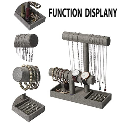 Coward 2 Tier Necklace Bracelet Holder Organizer with Ring Tray, Linen Jewelry Display Stand for Watch Scrunchie Lipstick, Perfumes,Nail polish (Gray Linen) - color: Gray
