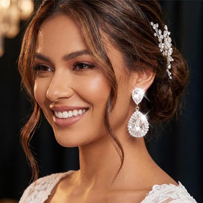 Unicra Silver Rhinestone Teardrop Earrings Crystal Wedding Bridal Dangle Earrings Prom Drop Earrings for Women and Brides - color: Silver