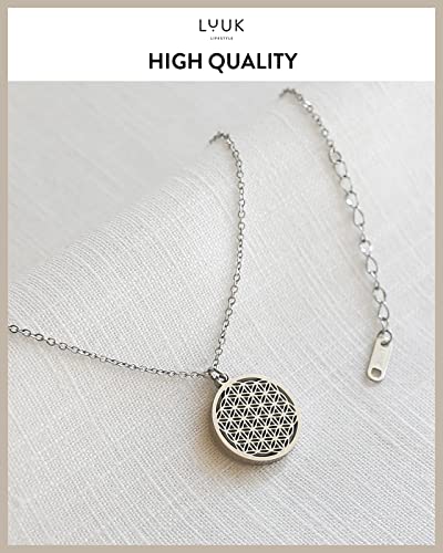 LUUK LIFESTYLE Stainless steel necklace with pendant and HAPPINESS card, 20” adjustable length, lucky charm, friendship chain, Valentine's Day gift, birthday, women's jewelry, silver, gold, rosegold - color: Silver, size: Flower of Life