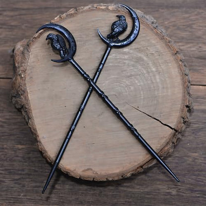 2PCS Viking Raven Hair Sticks – Gothic Moon Hair Pins for Women | Black Gothic Hair Accessories with Raven Moon Design for Buns, Updos, Renaissance Festival, Halloween & Cosplay - color: RLMN