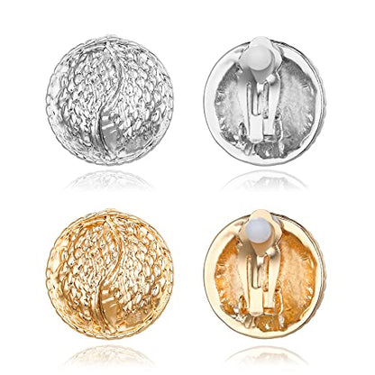 FANZE 2 Pairs Matte Gold Sliver Clip on Earrings for Women No Piercing | No Piercing Button Earring Comfortable Fashion Jewelry Gift - color: Set-4
